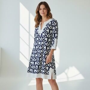 JUDE CONNALLY Ikat Scroll Tunic Dress M 3/4 Sleeve Preppy Coastal Office Casual